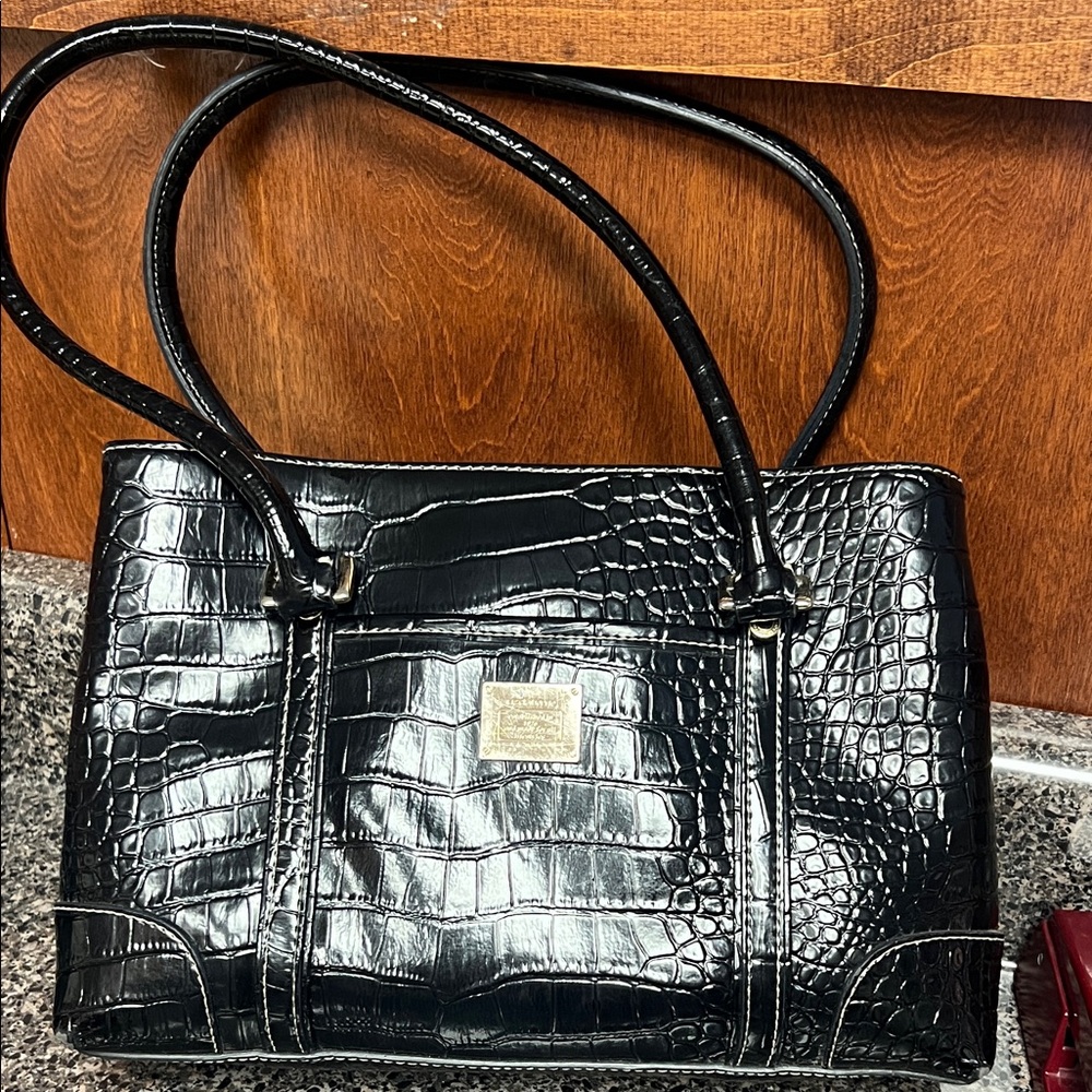 Liz Claiborne Black Crocodile-Embossed Shoulder Bag